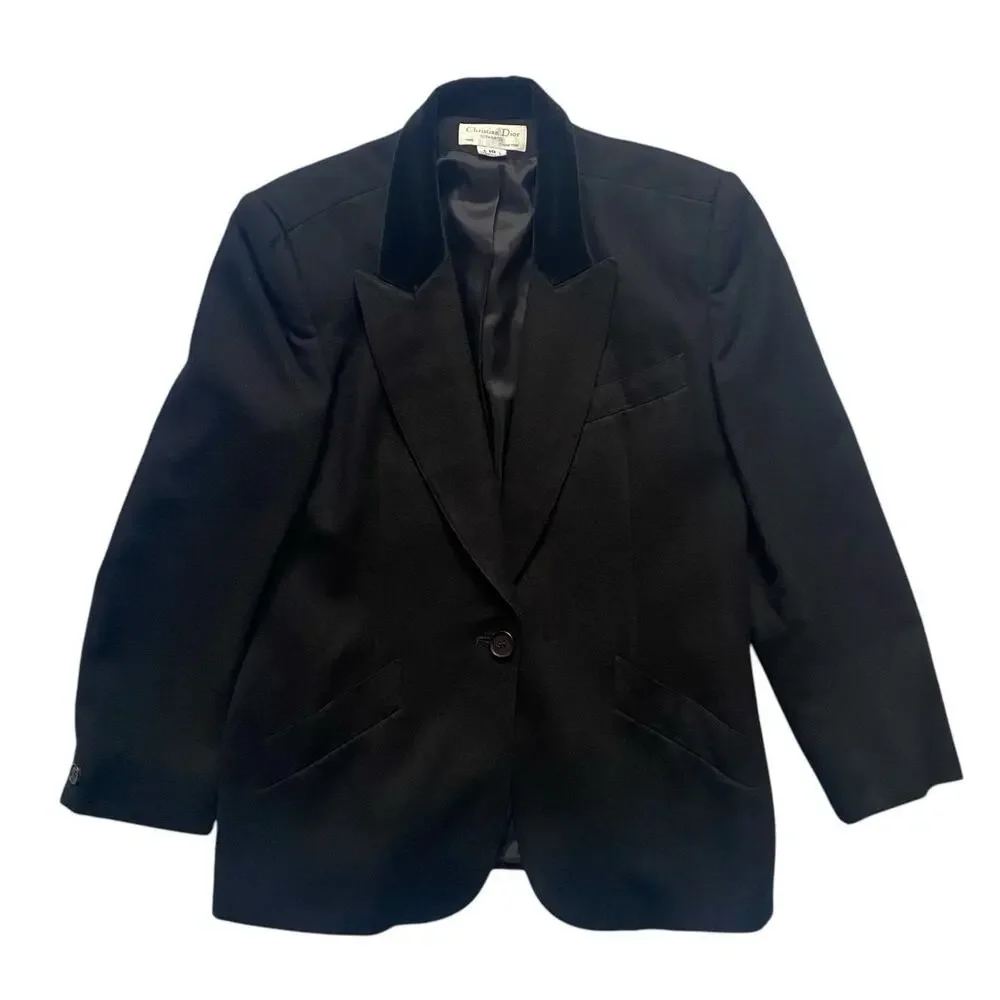 Vintage Christian Dior Women Size 10 Blazer Jacket Black Wool Velvet Collar 80s